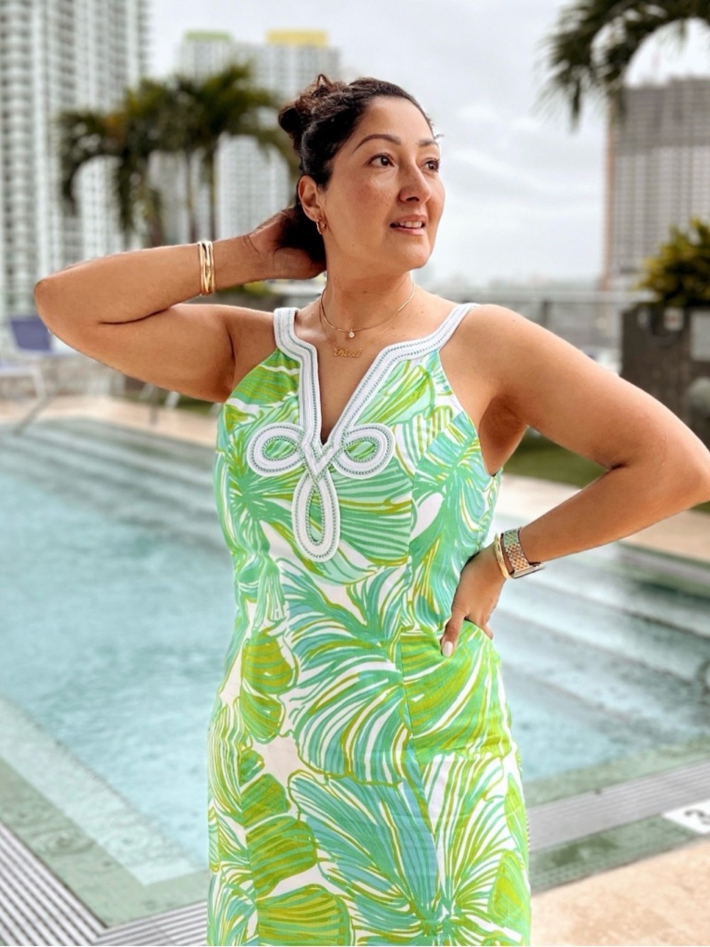 Lilly Pulitzer Green and White Tropical Leaf Midi Dress